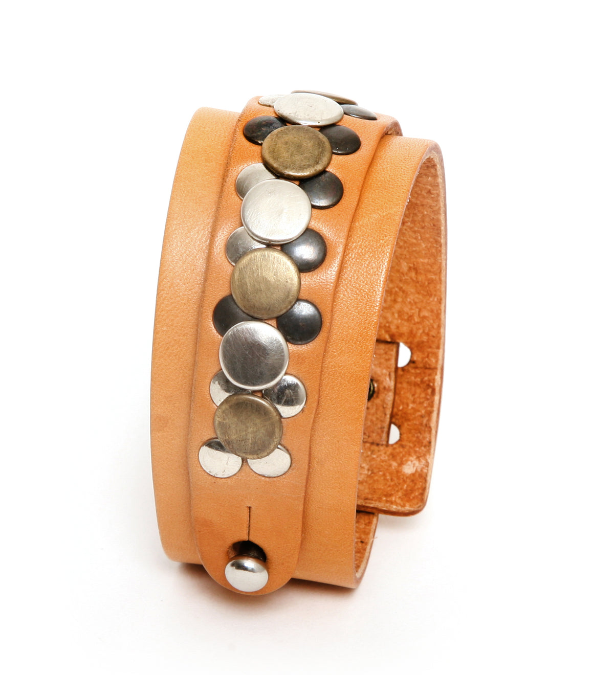 Gemini cuff studded in 8-9oz vegetable-tanned leather, side view