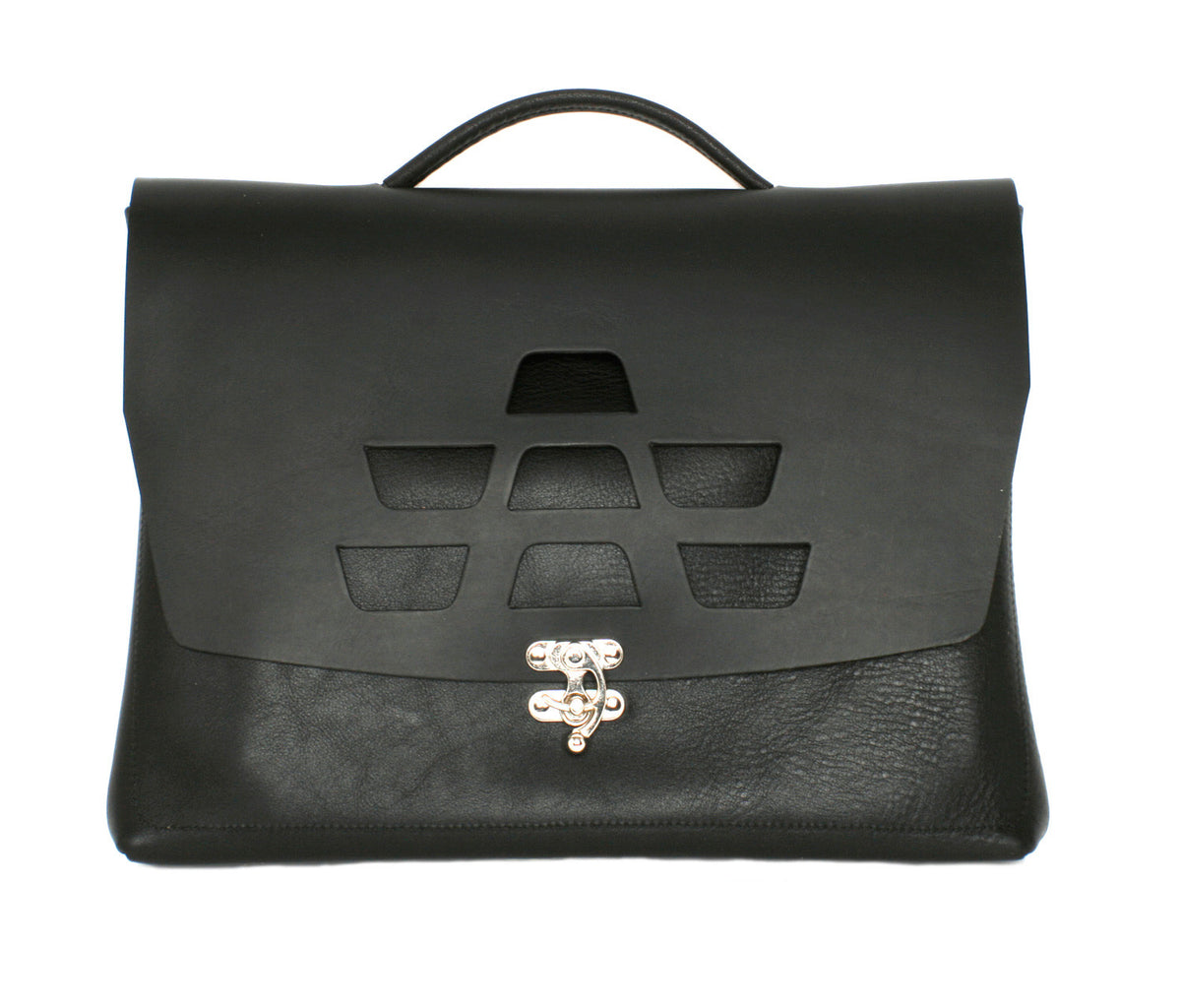 H SATCHEL leather satchel with trigger hasp in lotus black, front view