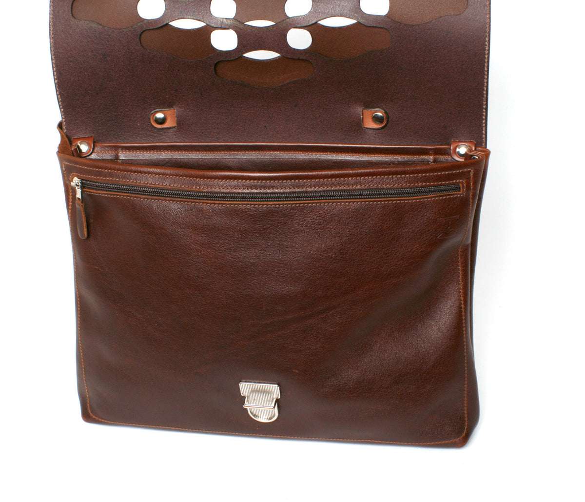 H SATCHEL Lattice leather satchel in dark brown, interior