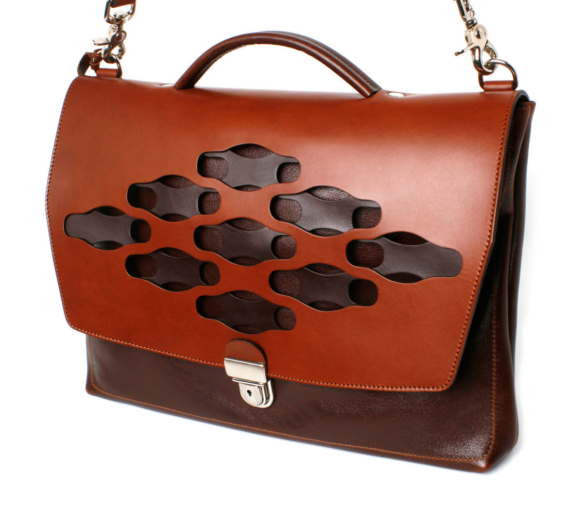 H SATCHEL Lattice leather satchel in dark brown lattice, side view