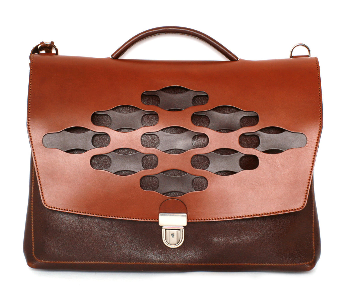 H SATCHEL Lattice leather satchel in dark brown lattice with medium brown, front view