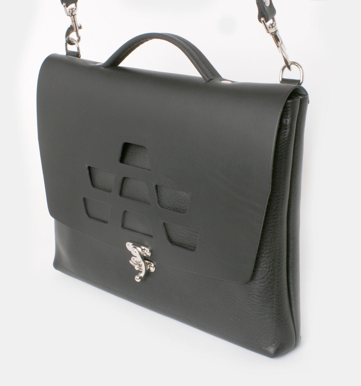 H SATCHEL leather satchel with trigger hasp in lotus black, side view