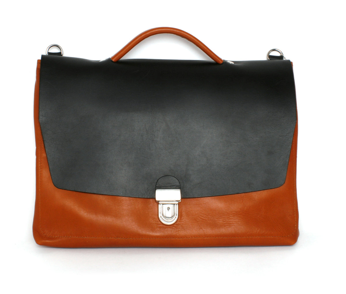H SATCHEL leather satchel in tan and black, front view