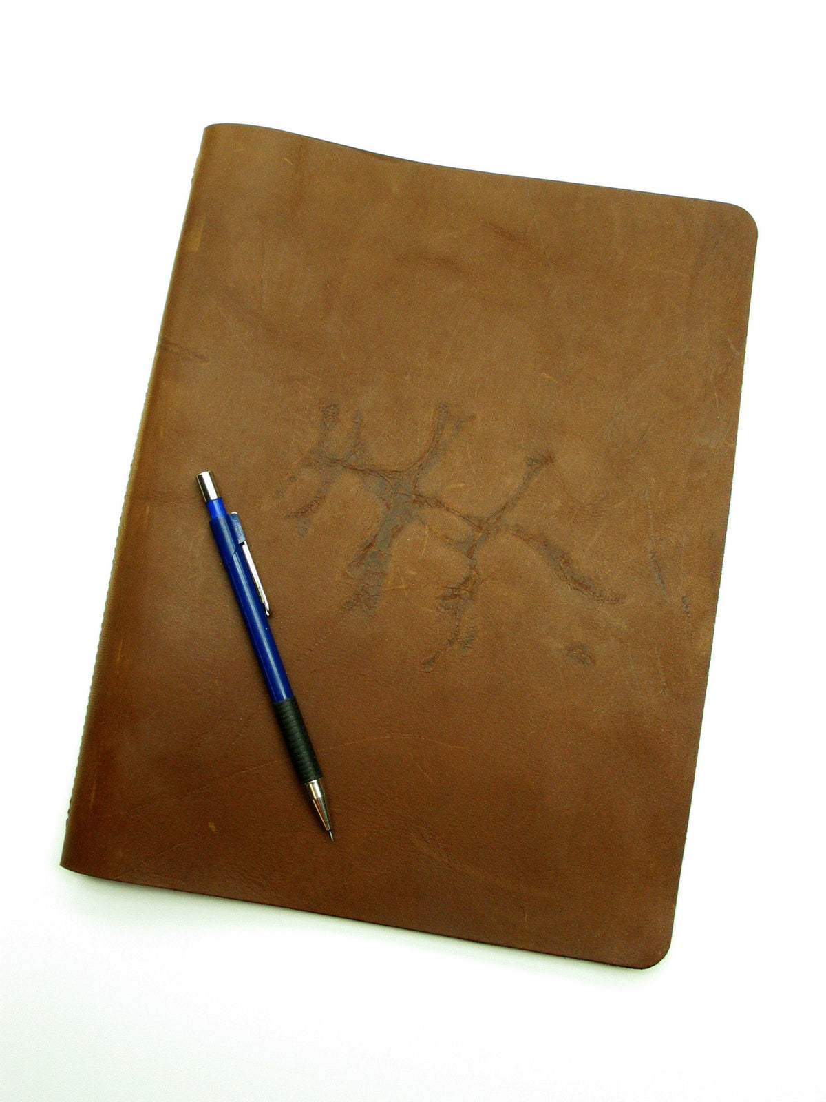 LEATHER NOTEBOOK sketch one of a kind BRANDED in heavy-weight honey brown leather, waxed finish, dyed brown edges, front view