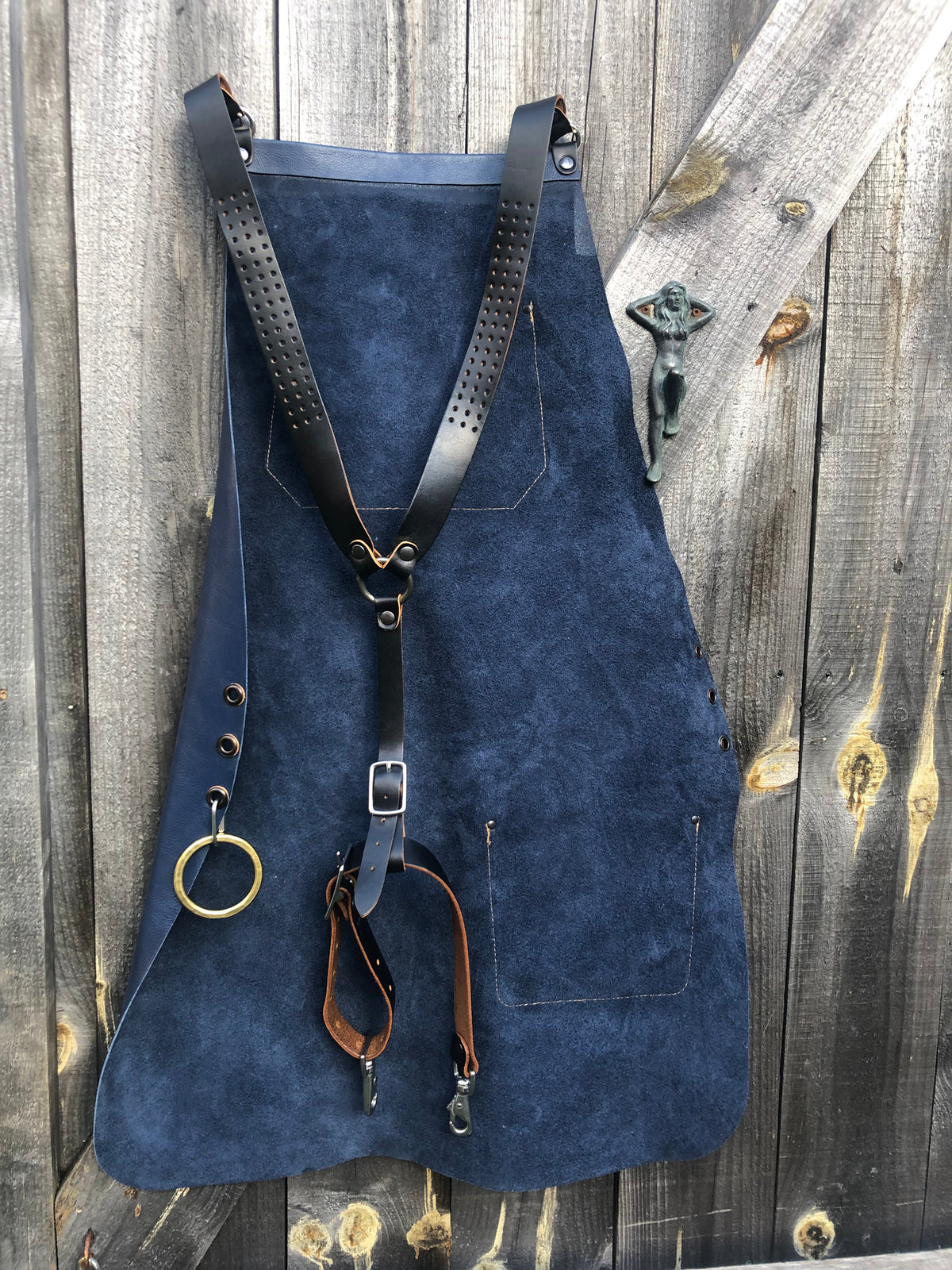 Leather Apron blue and tan in top-grain leather (single panel, no seams), side view
