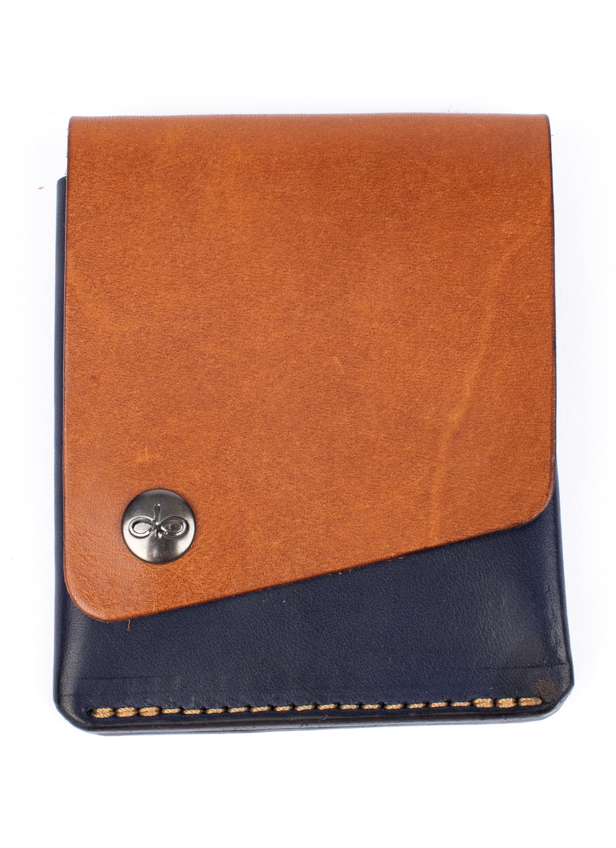 Piegato minimalist wallet tan & navy in leather, front view