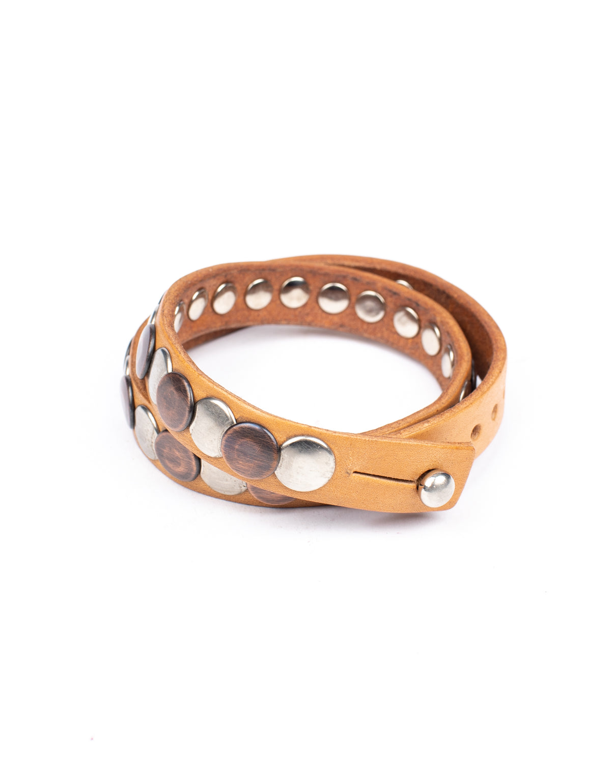 Rollo double wrap cuff in 8oz English bridle leather, smooth burnished edges, fully studded with burnished edges, additional view