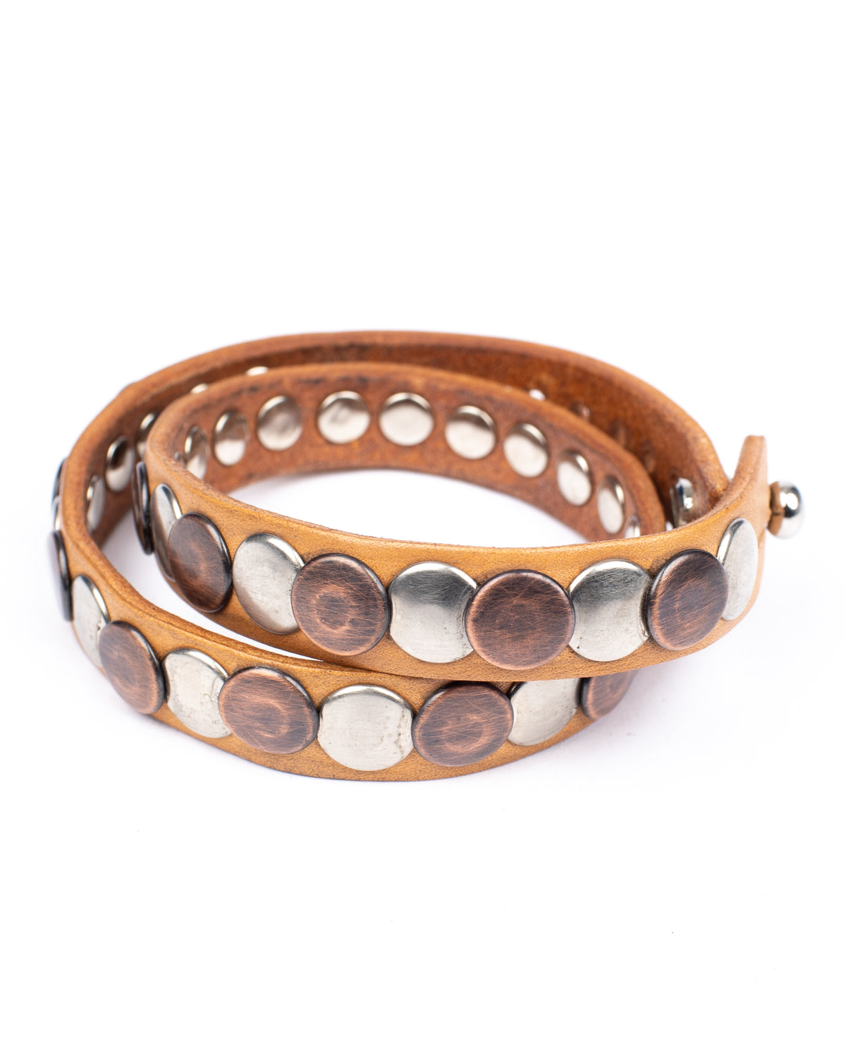 Rollo double wrap cuff in 8oz English bridle leather, smooth burnished edges, fully studded, leather texture detail