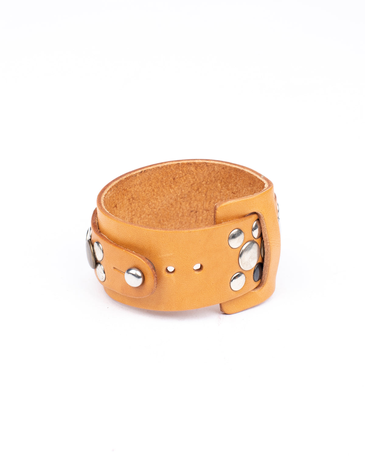 Gemini cuff studded in 8-9oz vegetable-tanned leather with stainless-steel hardware, further detail view