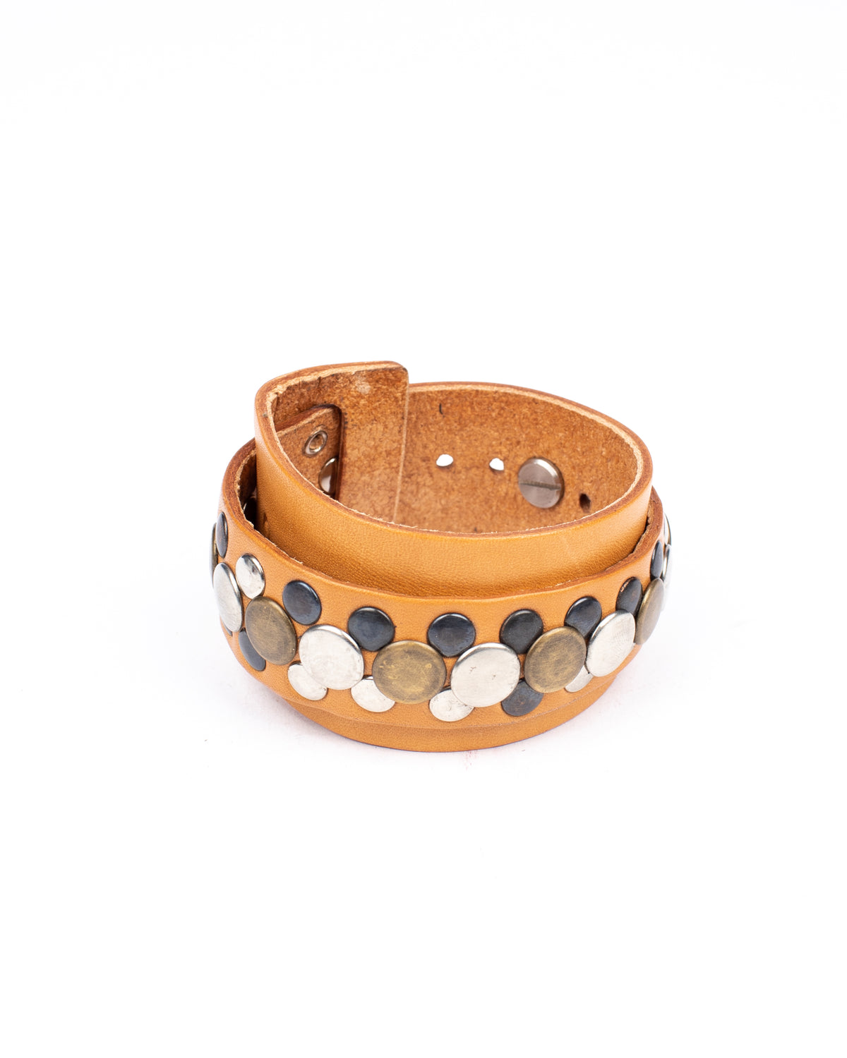 Gemini cuff studded in 8-9oz vegetable-tanned leather with stainless-steel hardware, alternate angle