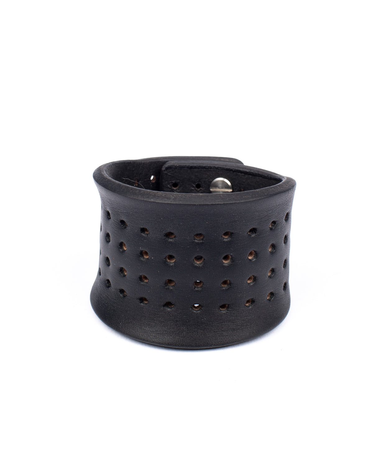 Contour perforated cuff medium brown in 8-9oz English bridle leather with stainless-steel hardware, alternate angle