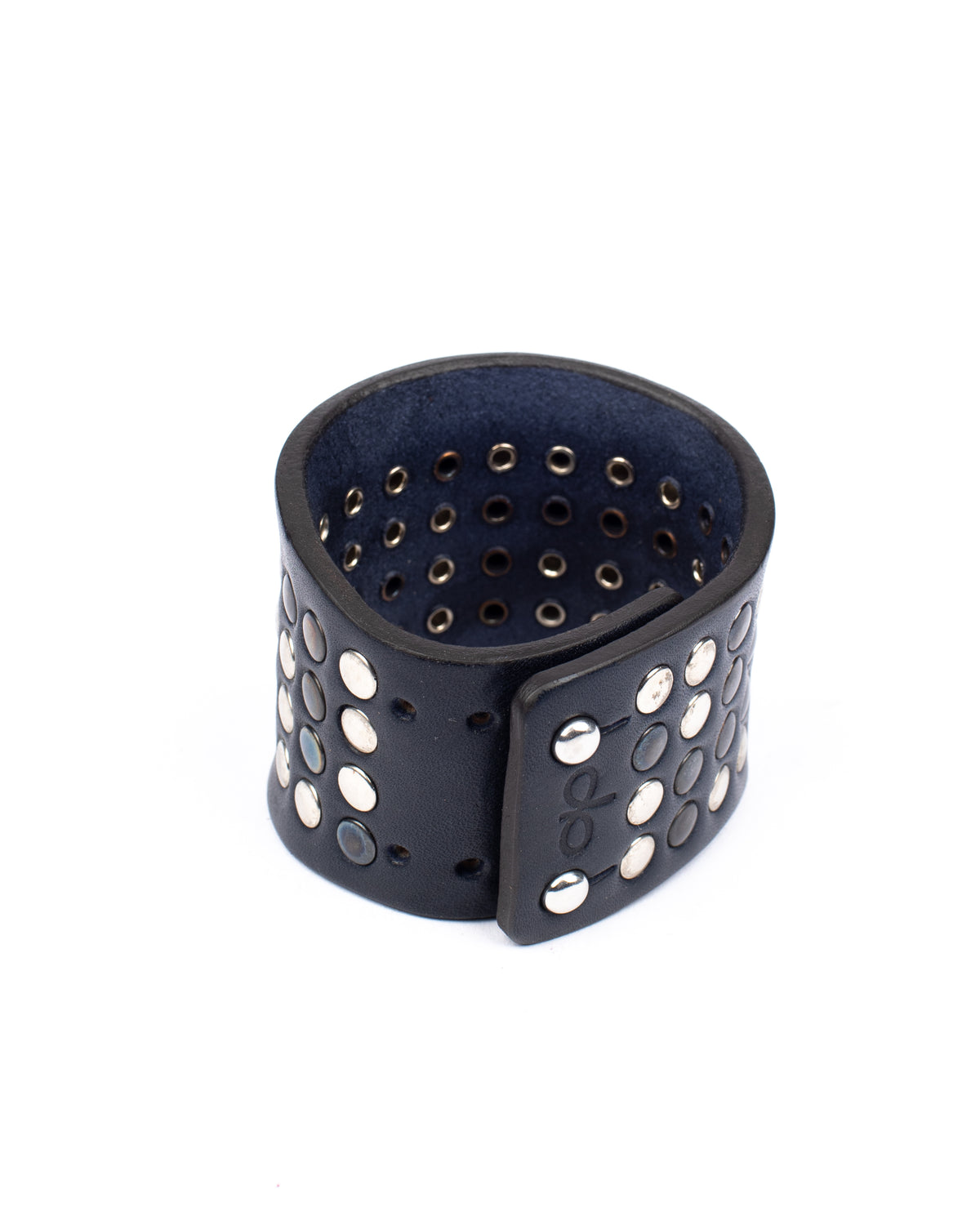 CONTOUR wide studded leather cuff bracelet in navy blue, alternate view