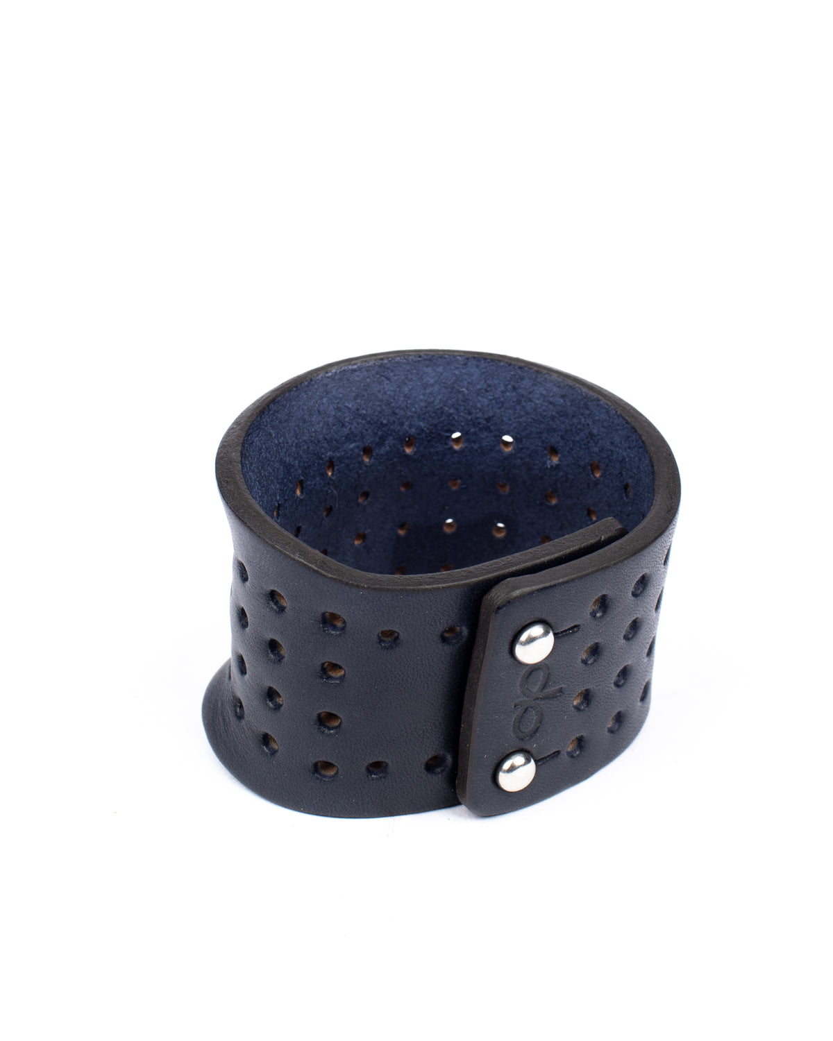 Contour perforated cuff medium brown in 8-9oz English bridle leather with stainless-steel hardware, additional view