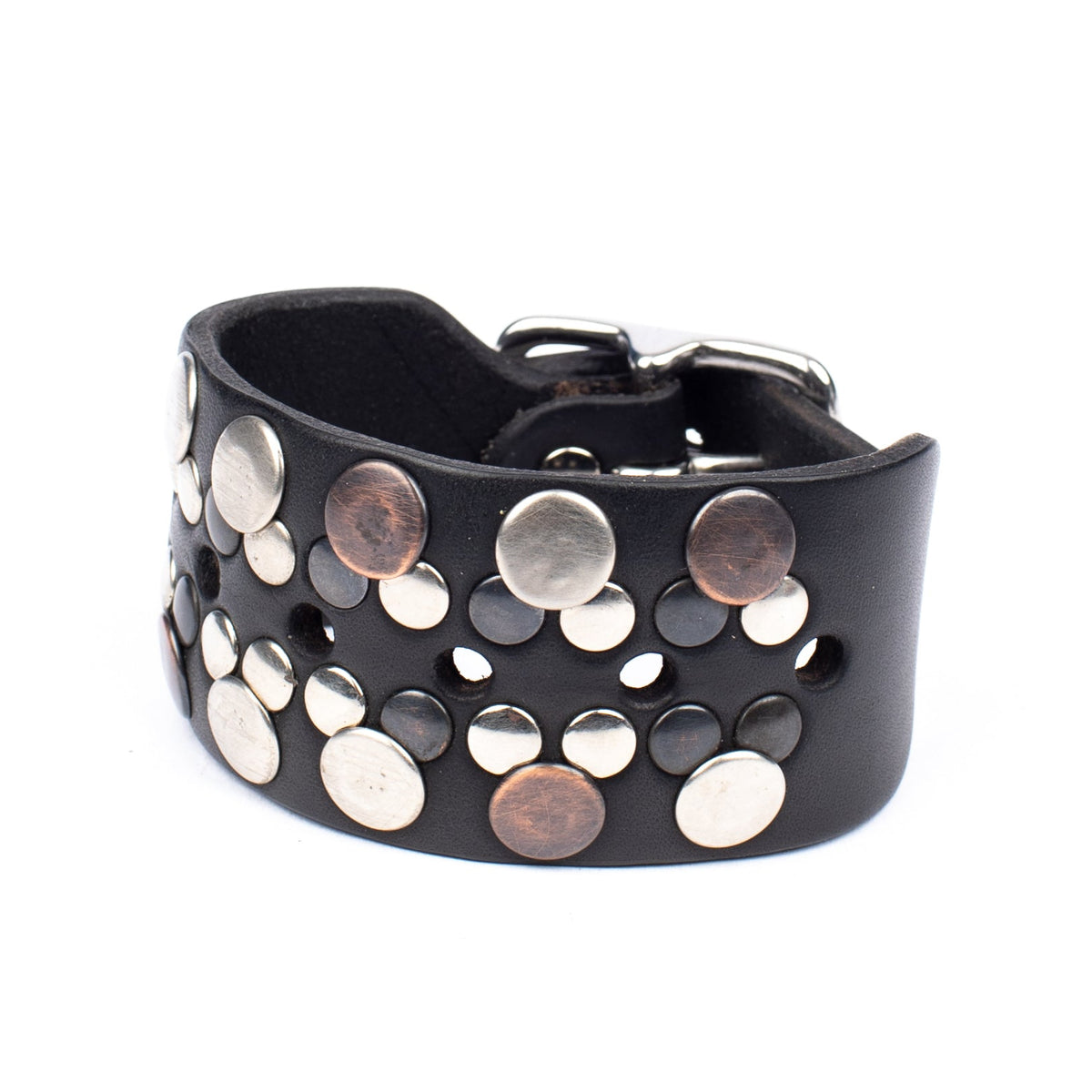 Classic buckle cuff studded in 8oz English bridle leather with studs and a stainless steel buckle with stainless-steel hardware, additional view