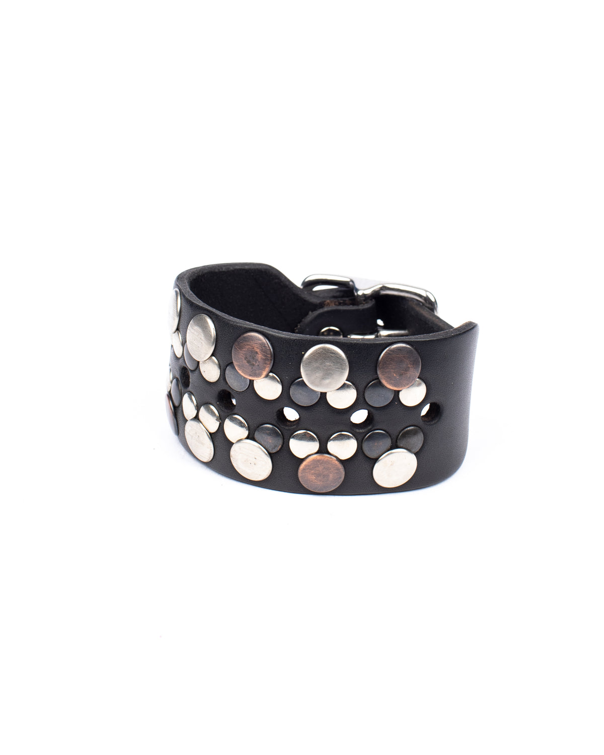 Classic buckle cuff studded in 8oz English bridle leather with studs and a stainless steel buckle with stainless-steel hardware, additional view