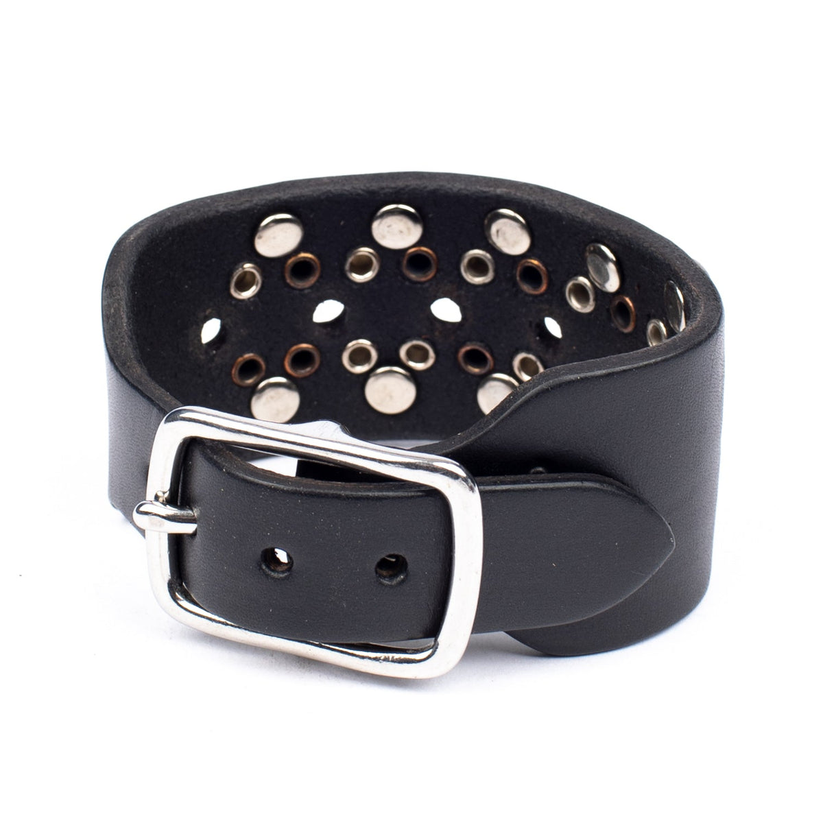 Classic buckle cuff studded in 8oz English bridle leather with studs and a stainless steel buckle with stainless-steel hardware, alternate angle