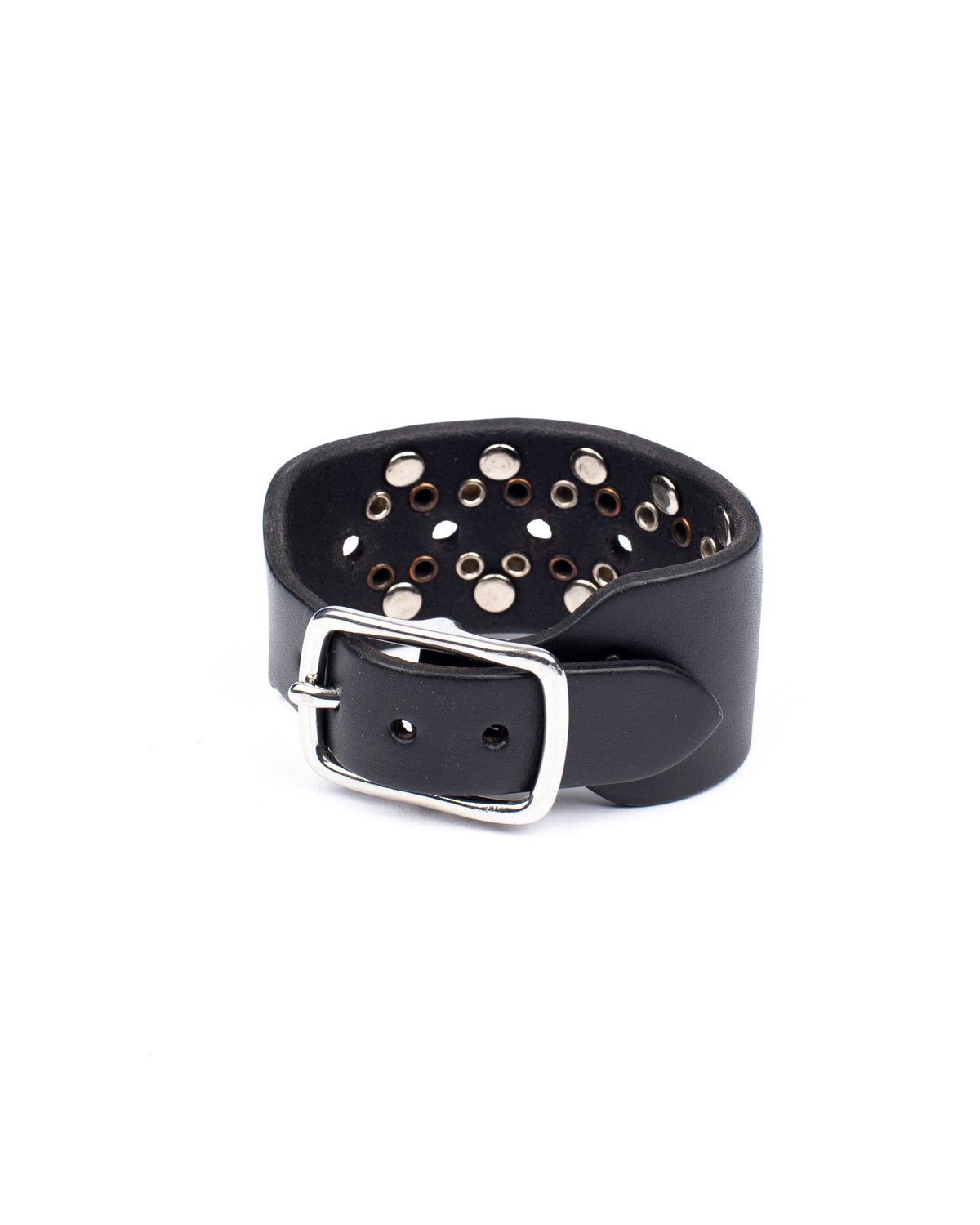 Classic buckle cuff studded in 8oz English bridle leather with studs and a stainless steel buckle with stainless-steel hardware, alternate angle