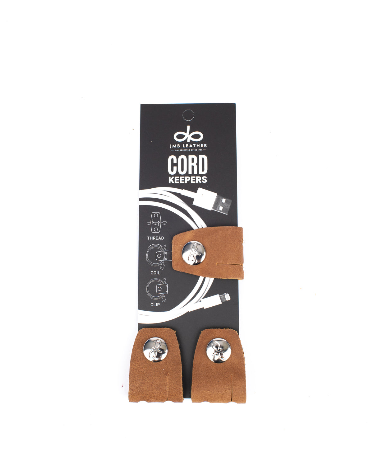Cord Keepers in 100% full-grain leather, alternate angle