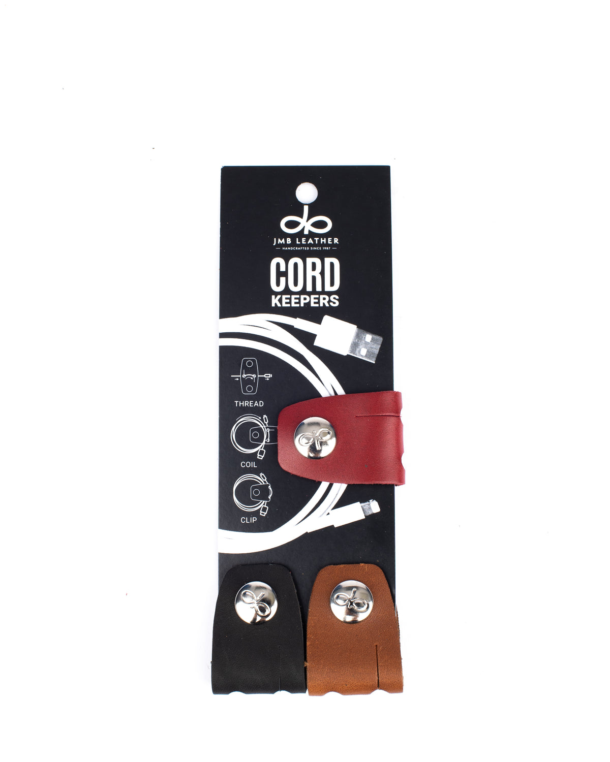 Cord Keepers in 100% full-grain leather with brass hardware, additional view