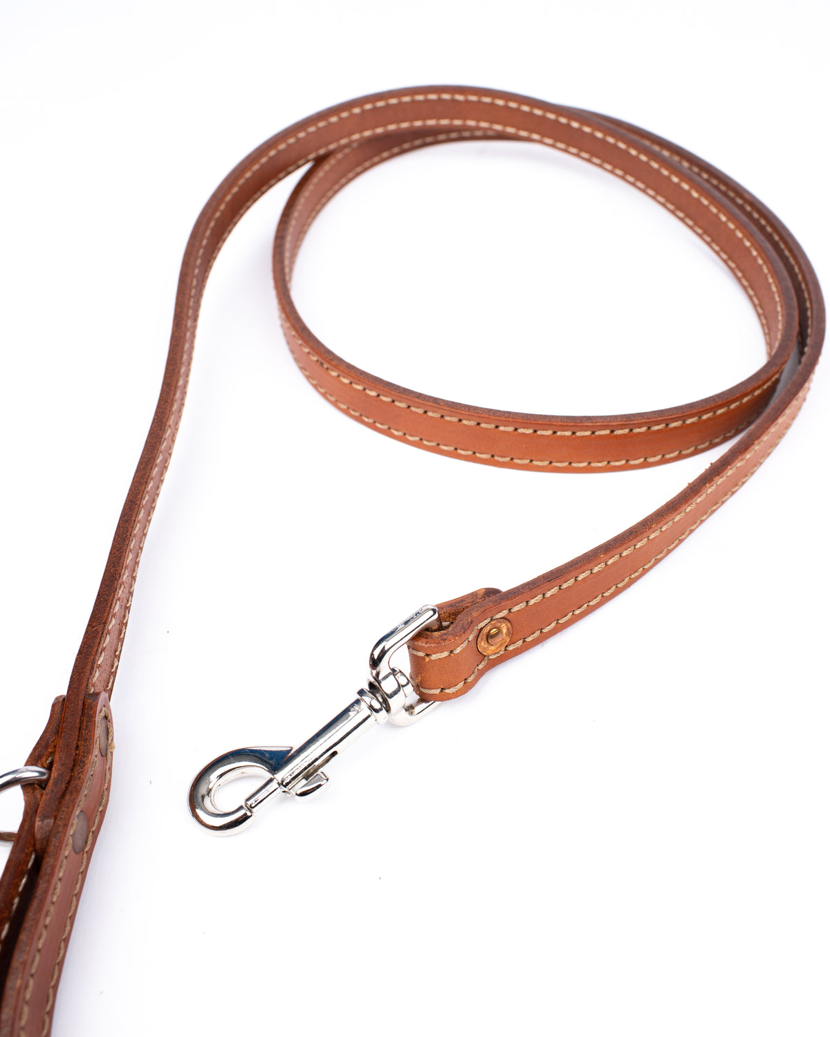 Custom Dog leashes in 12oz English bridle leather with riveted construction, alternate angle