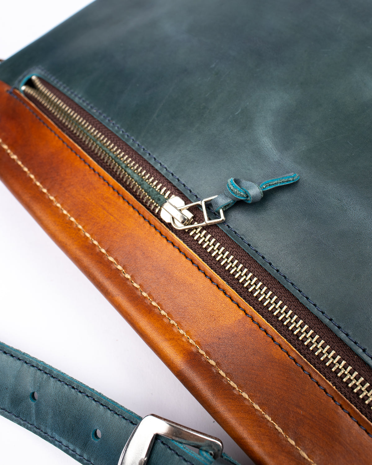 Flat sling vintage tan & turquoise bag in vegetable-tanned leather combined with softer leather, back view