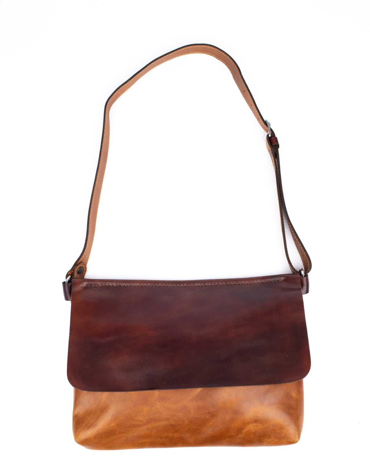 Flat sling vintage tan & turquoise bag in vegetable-tanned leather combined with softer leather, strap detail