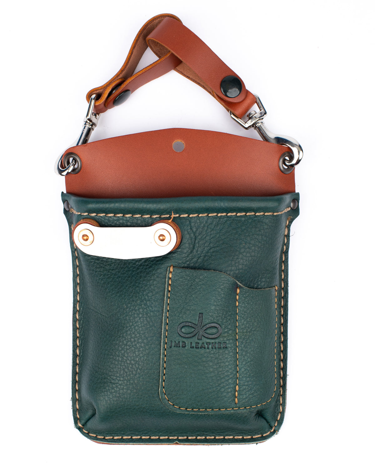 SIDEKICK leather multi-pouch in tan and green, front view