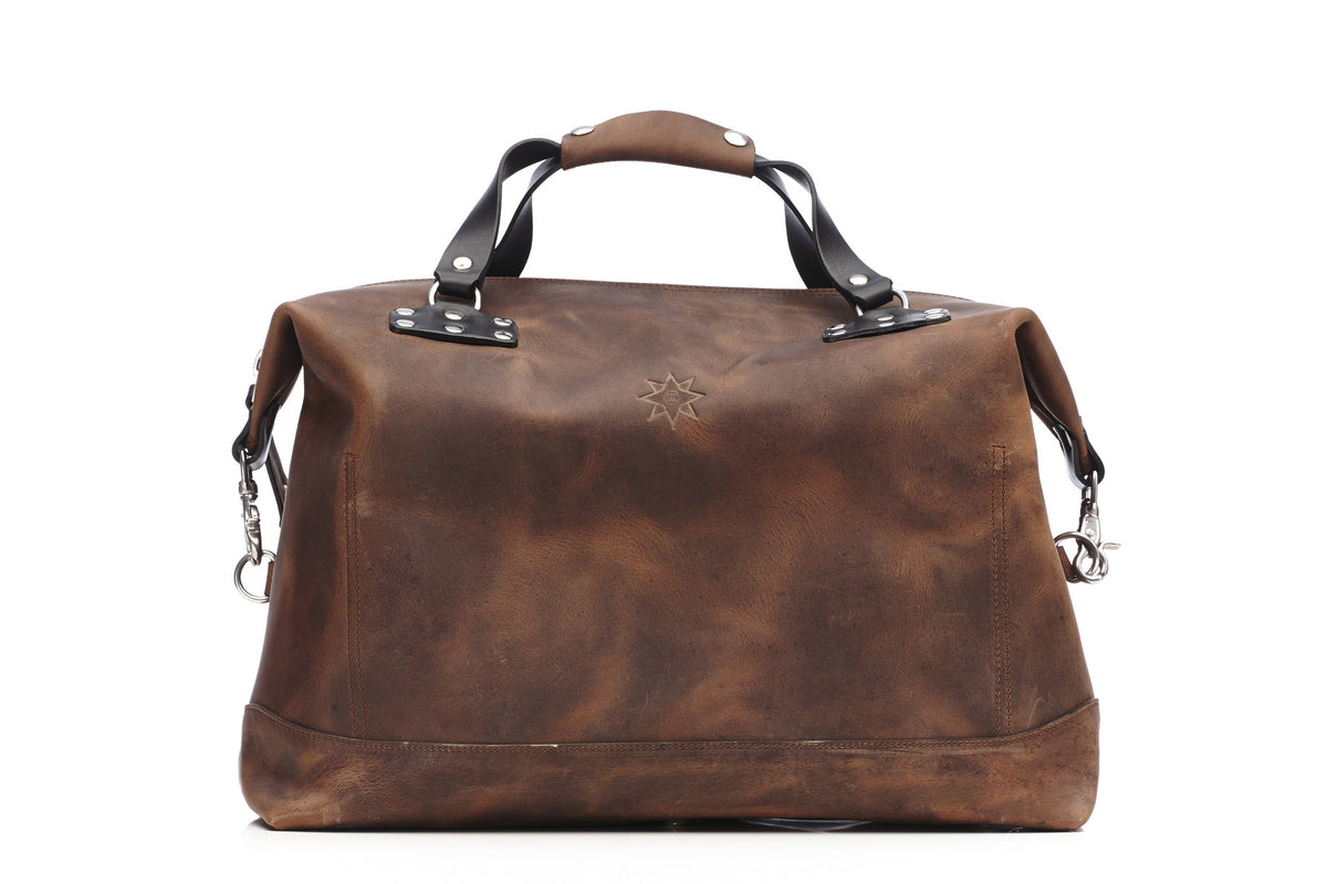 CARRY-ON Weekender LTD. edition bag in brown crazy horse leather with 10oz English bridle detailing, back view