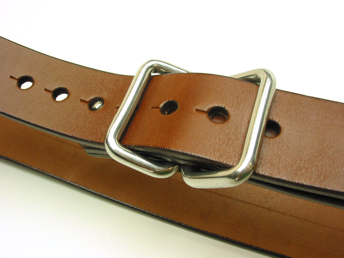 KM Double Loop belt in thick 12oz vegetable-tanned bridle leather, hot-stuffed, leather grain and edge detail