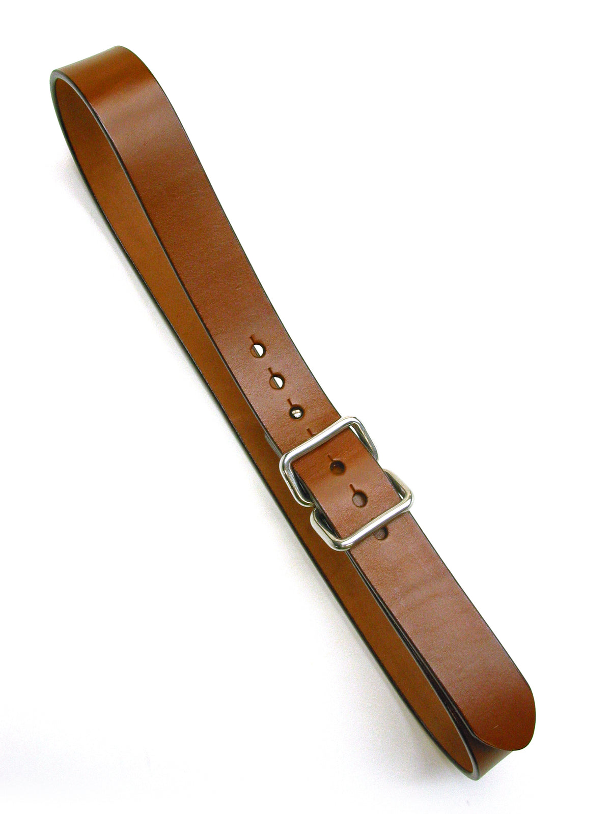 KM Double Loop belt in thick 12oz vegetable-tanned bridle leather, hot-stuffed with stainless-steel hardware, additional view