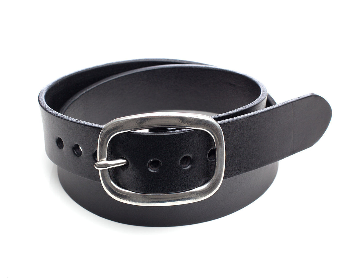 SHOW classic jean belt in English bridle leather, laid flat, full length