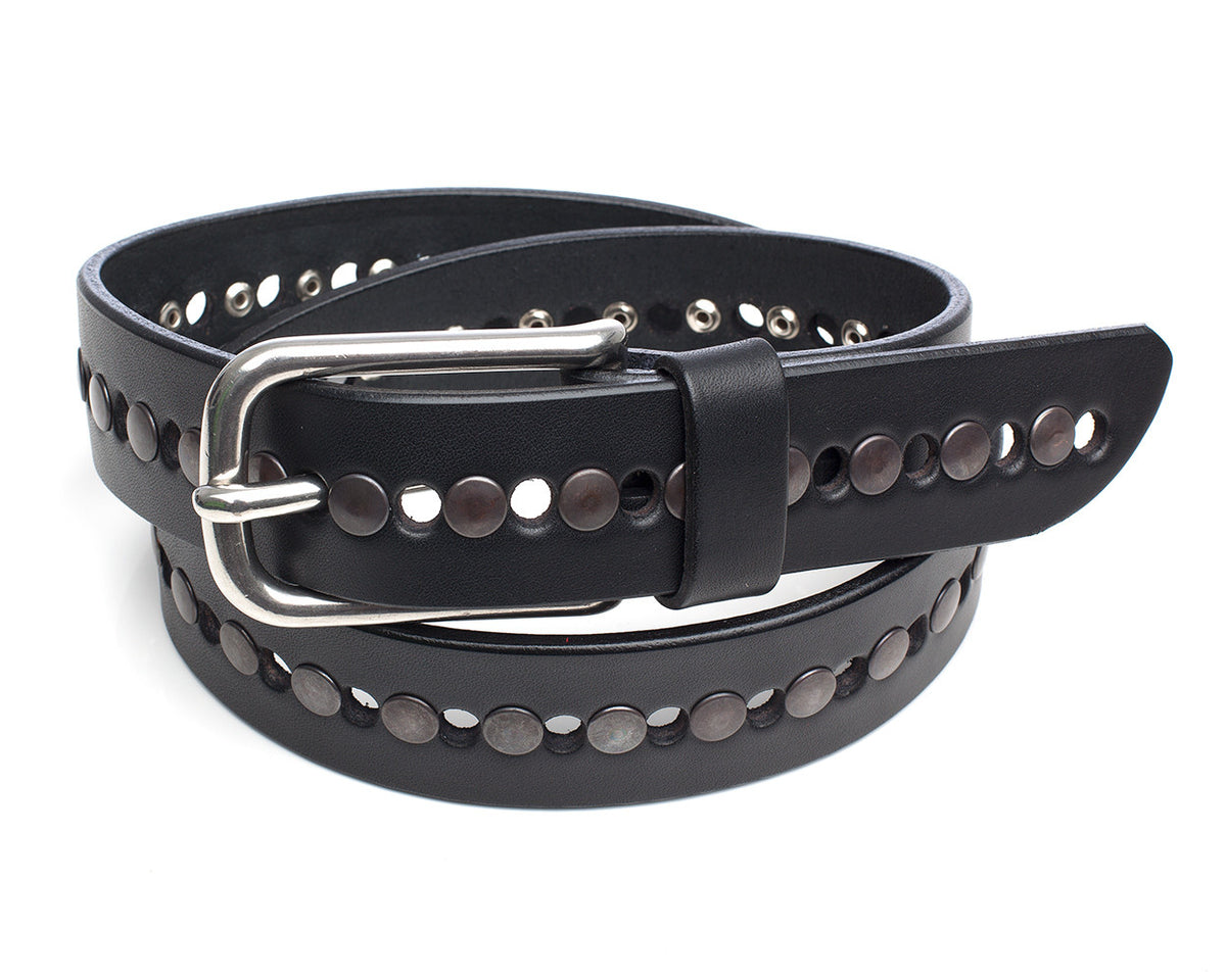 TUG Belt rivets and holes in 12-13oz vegetable-tanned, drum-dyed leather (Wickett & Craig of the USA), laid flat, full length