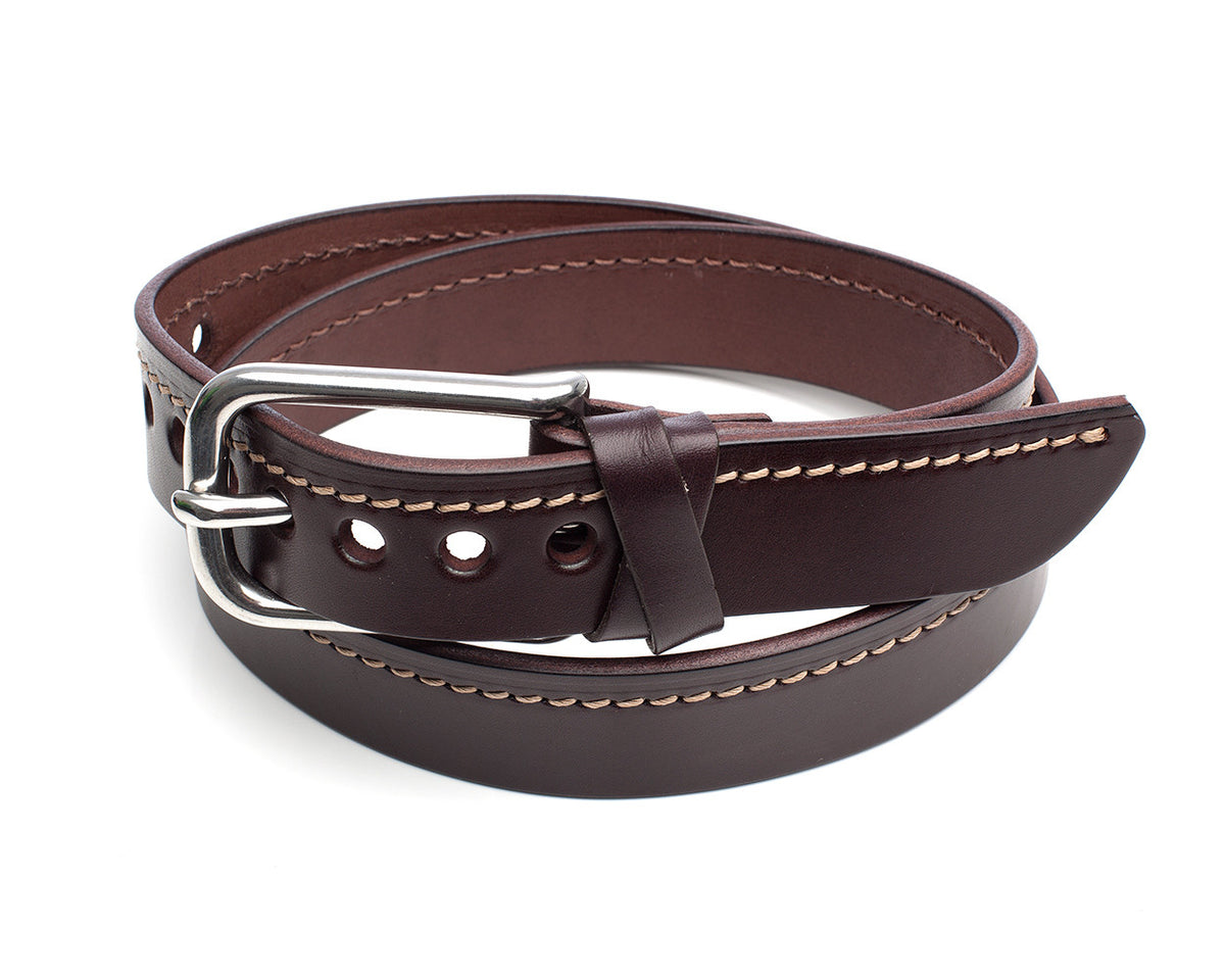 TUG stitched belt in 12oz vegetable-tanned drum-dyed leather (Wicket and Craig of USA), laid flat, full length