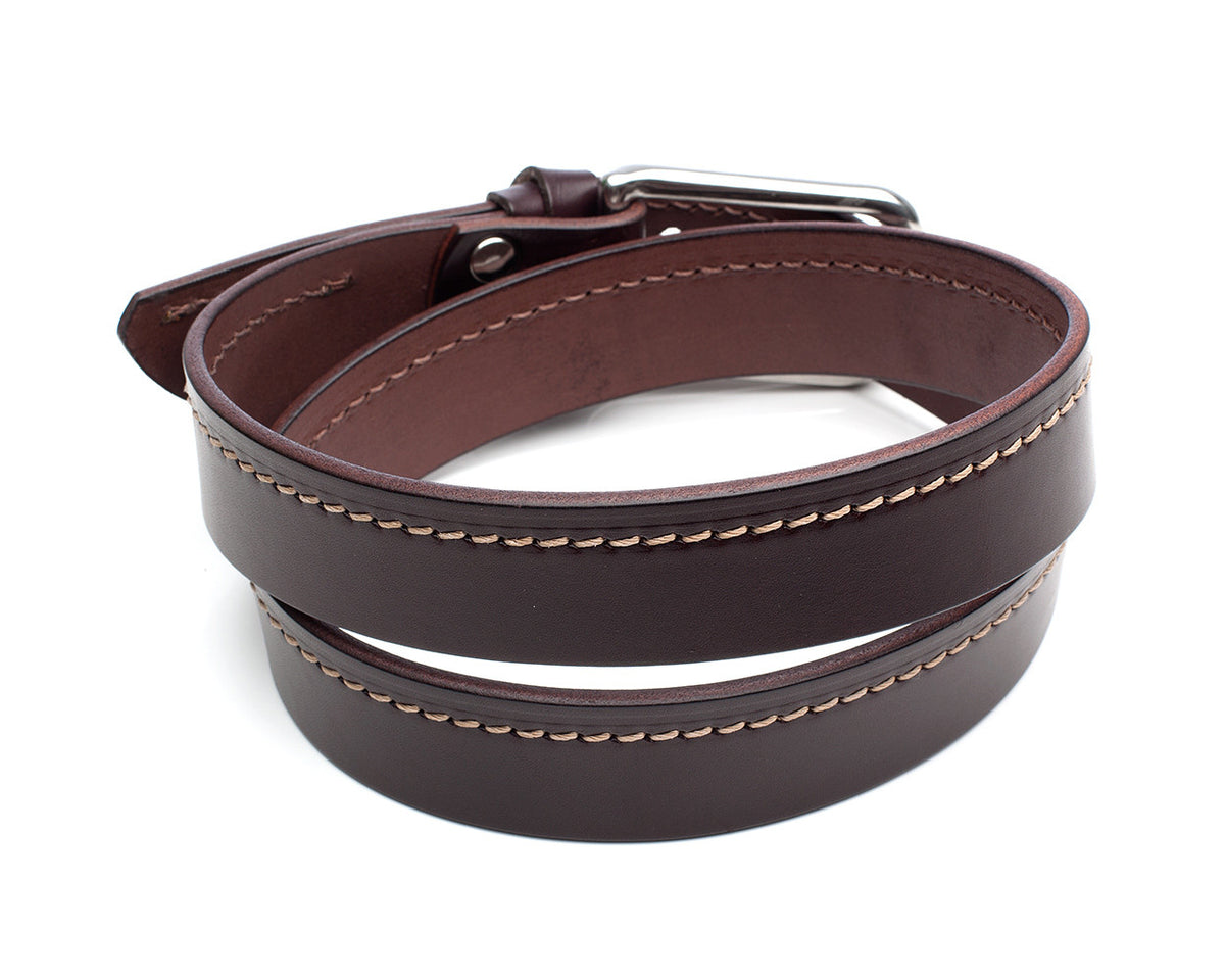 TUG stitched belt in 12oz vegetable-tanned drum-dyed leather (Wicket and Craig of USA), buckle detail