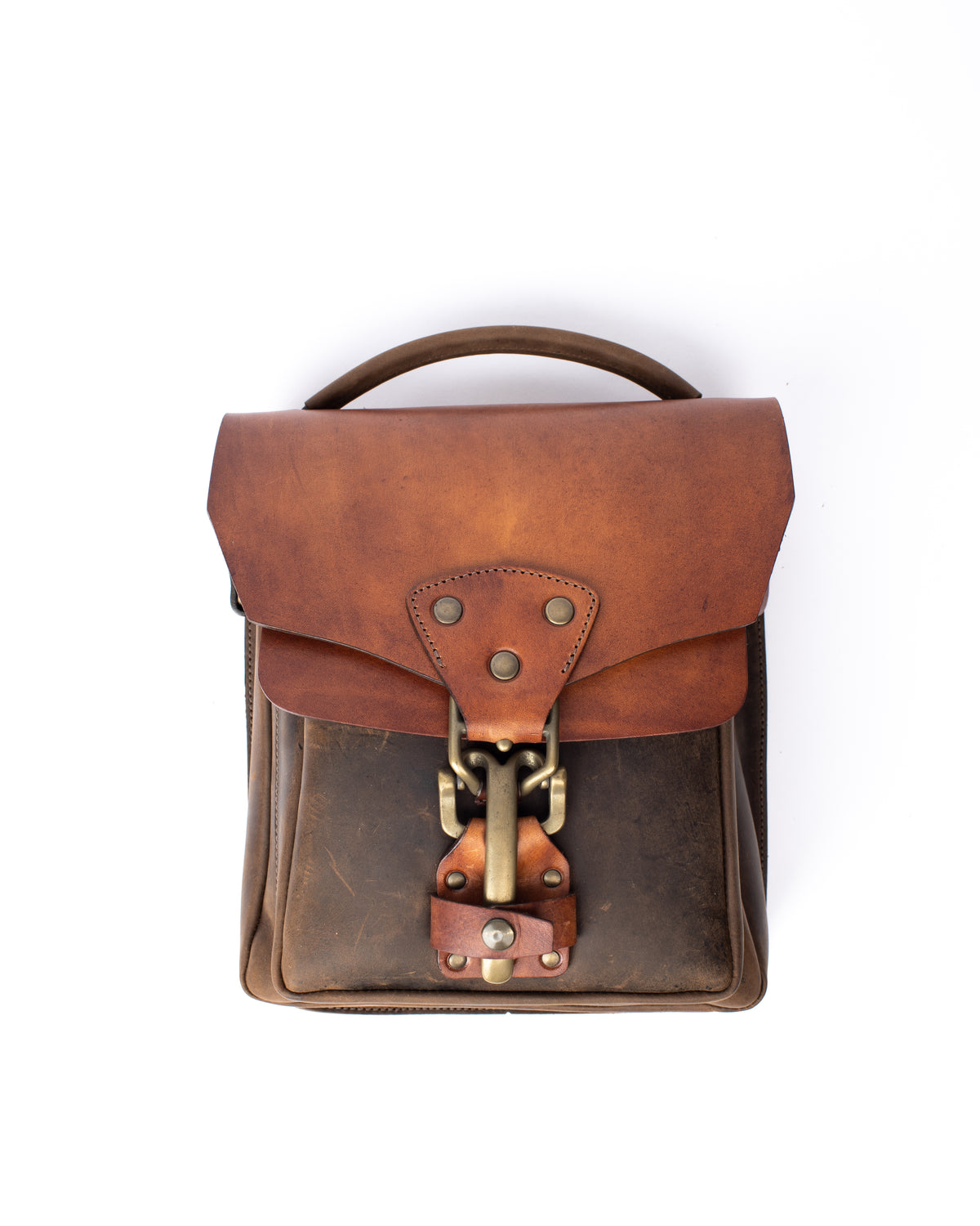 Mantis vintage tan & crazy horse brown bag in English bridle and heavy crazy horse leather, front view