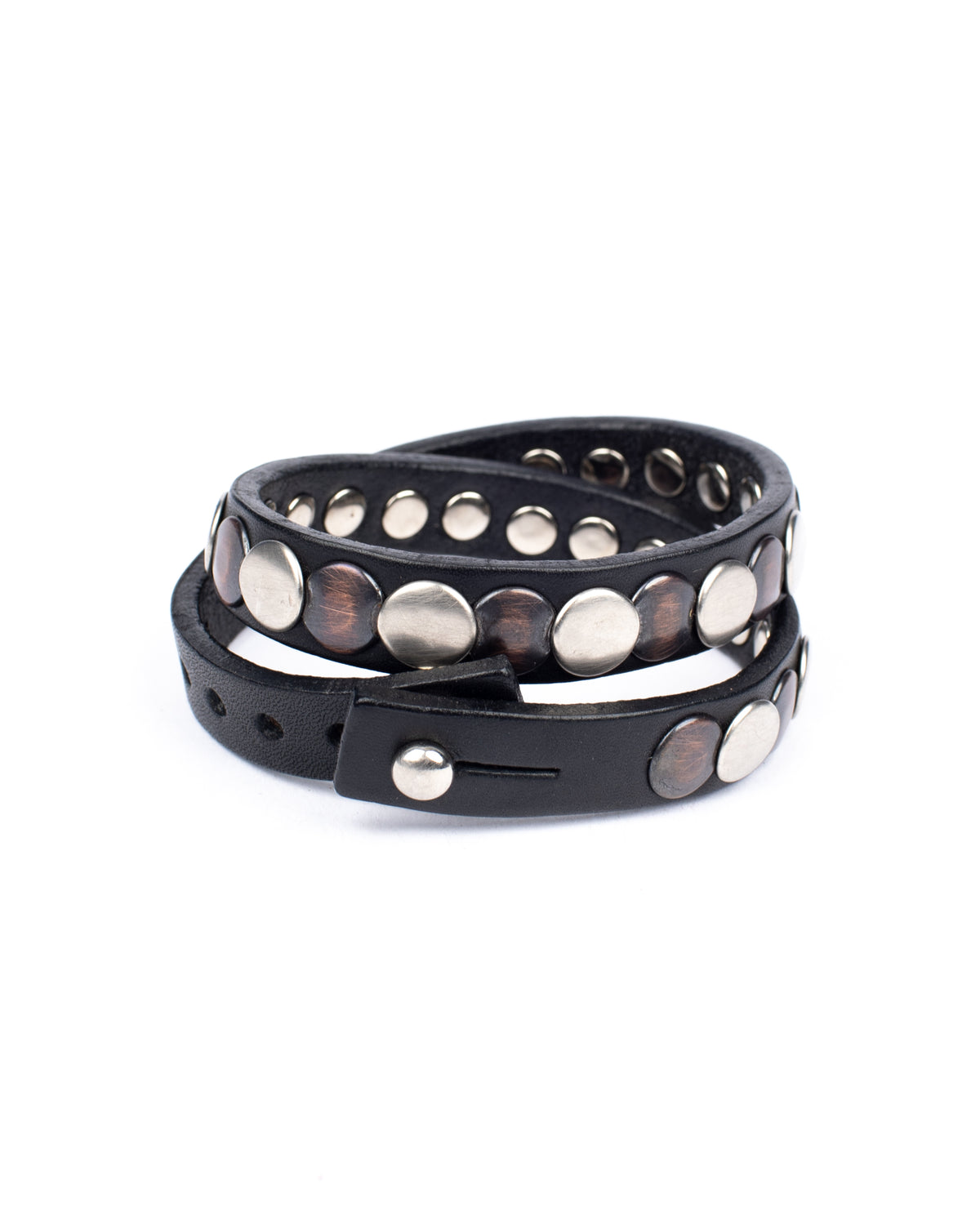 Rollo double wrap cuff in 8oz English bridle leather, smooth burnished edges, fully studded, clasp detail
