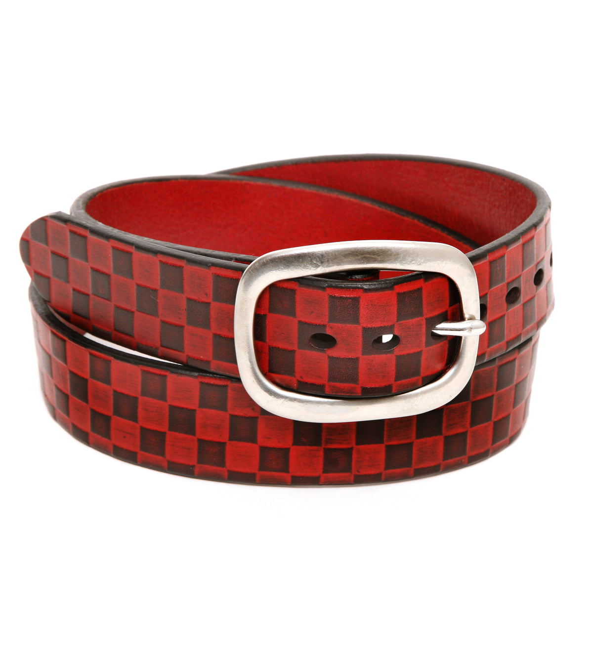 Check 1 Belt red in 12oz vegetable-tanned bridle leather, hot-stuffed, laid flat, full length