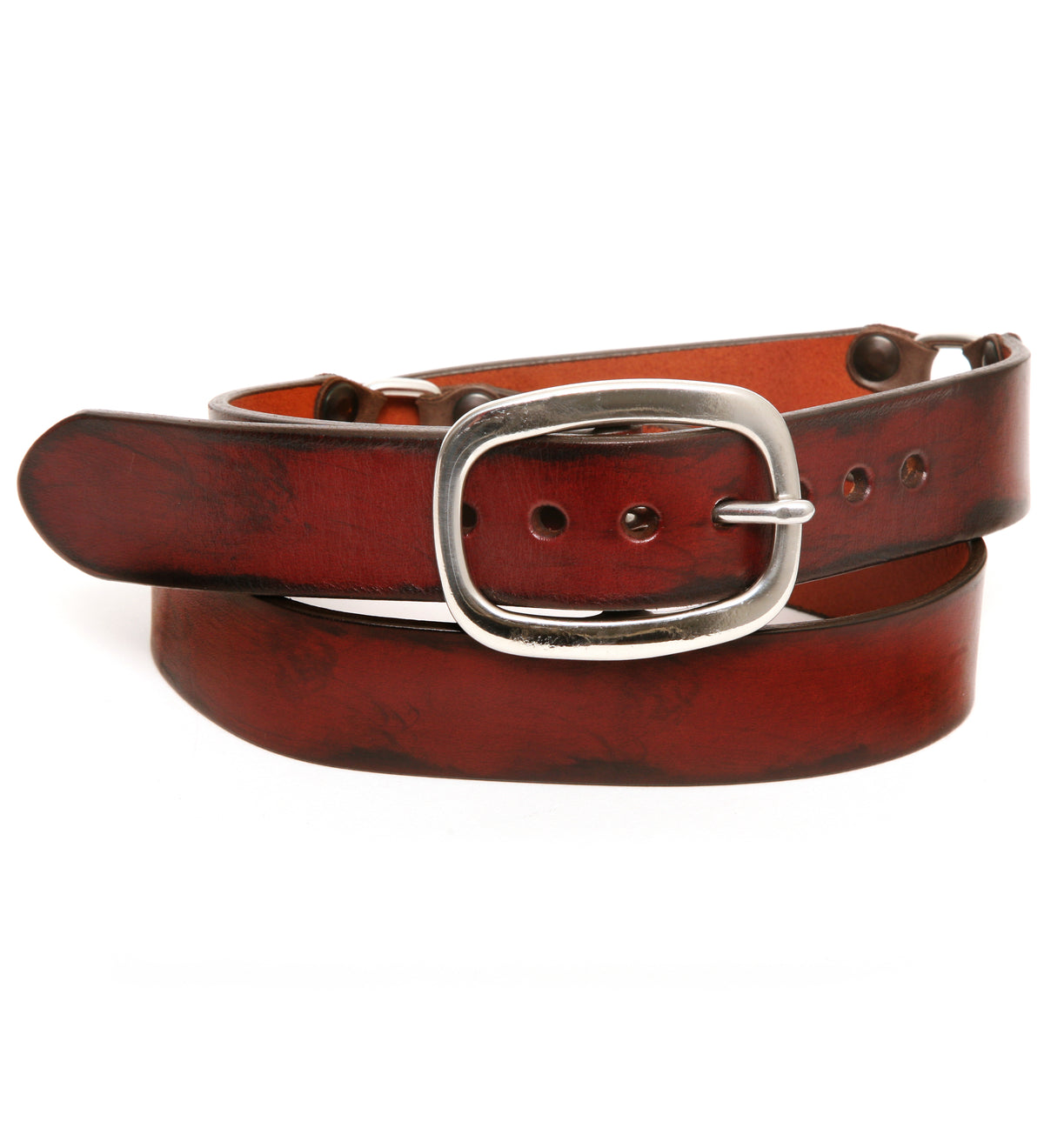 TUG Looped Show oxblood belt in 12oz vegetable-tanned bridle leather, buckle detail