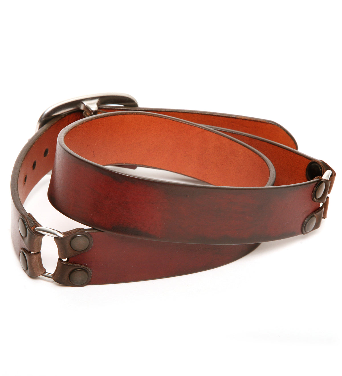 TUG Looped Show oxblood belt in 12oz vegetable-tanned bridle leather, reverse side showing keeper loop