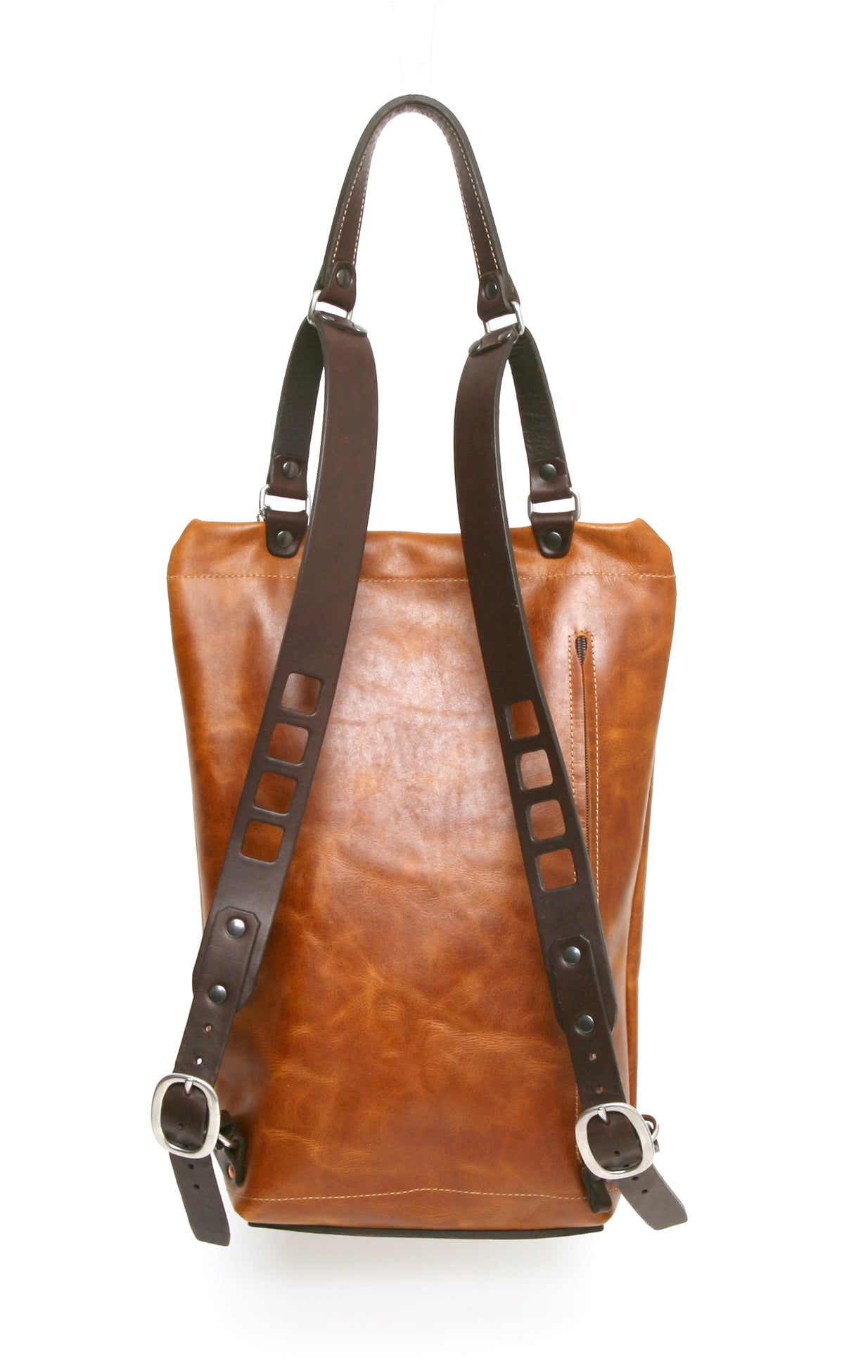 YETI leather sling pack in vintage tan, back view