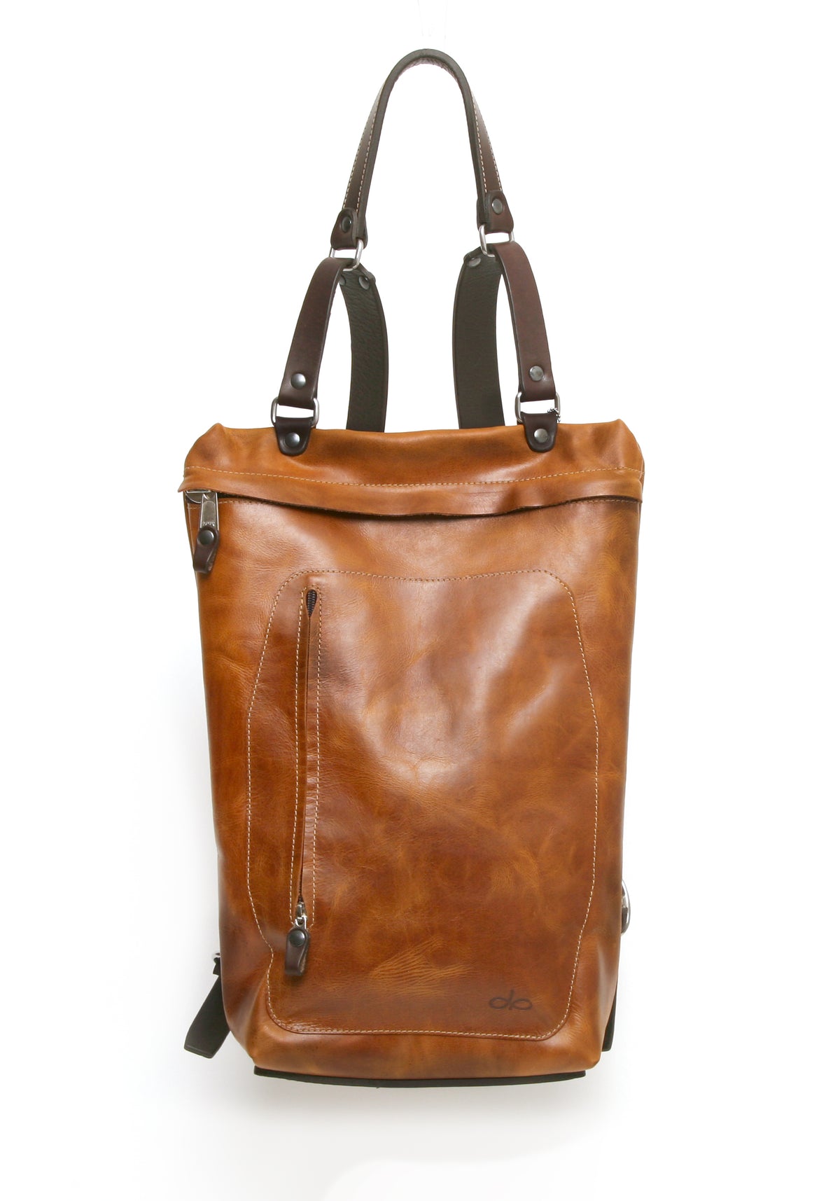YETI leather sling pack in vintage tan, front view